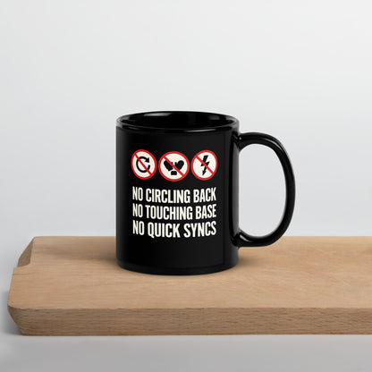 No Circling Back corporate jargon prohibition signs mug — 11 oz, front