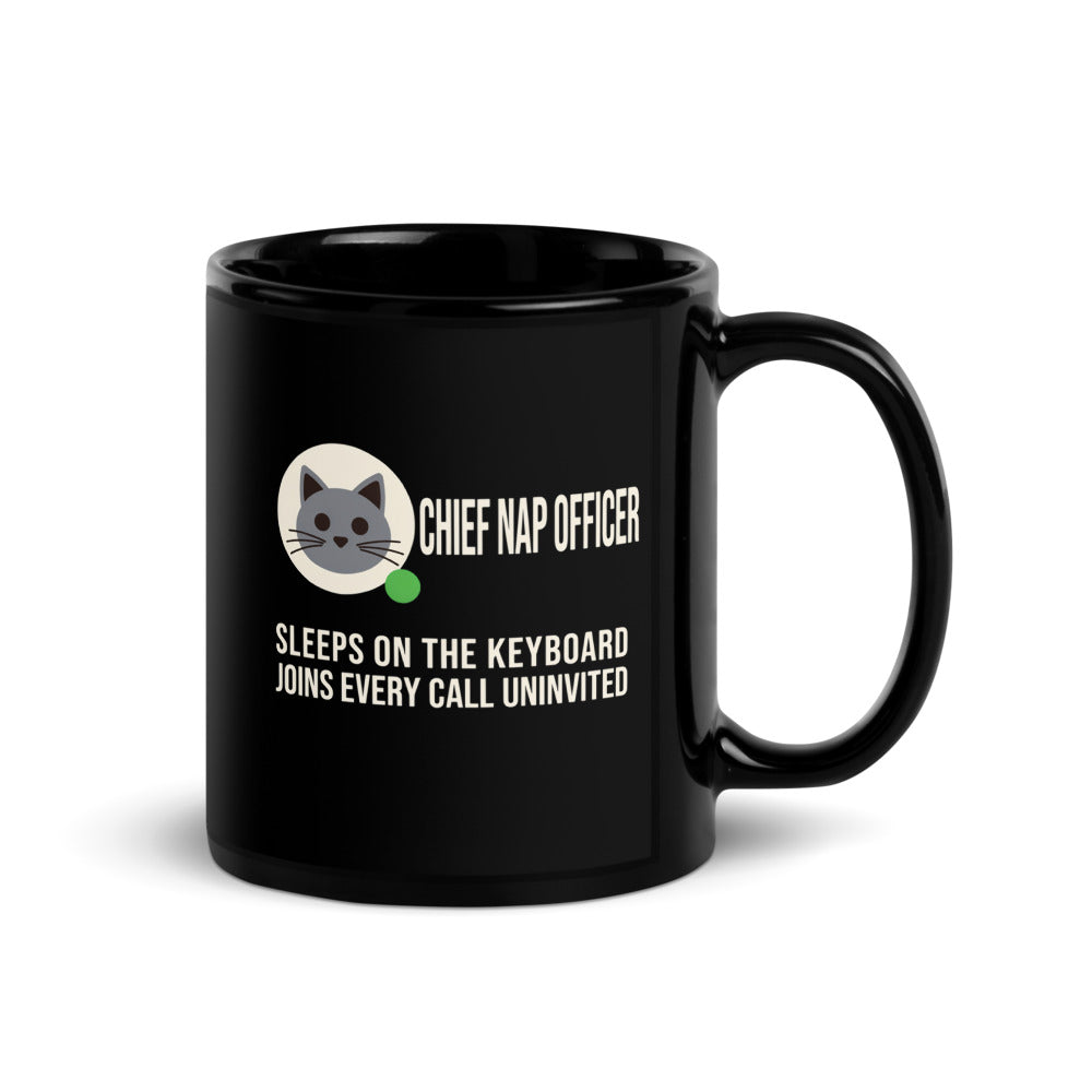 Chief Nap Officer cat profile card mug — 11 oz, handle on the right