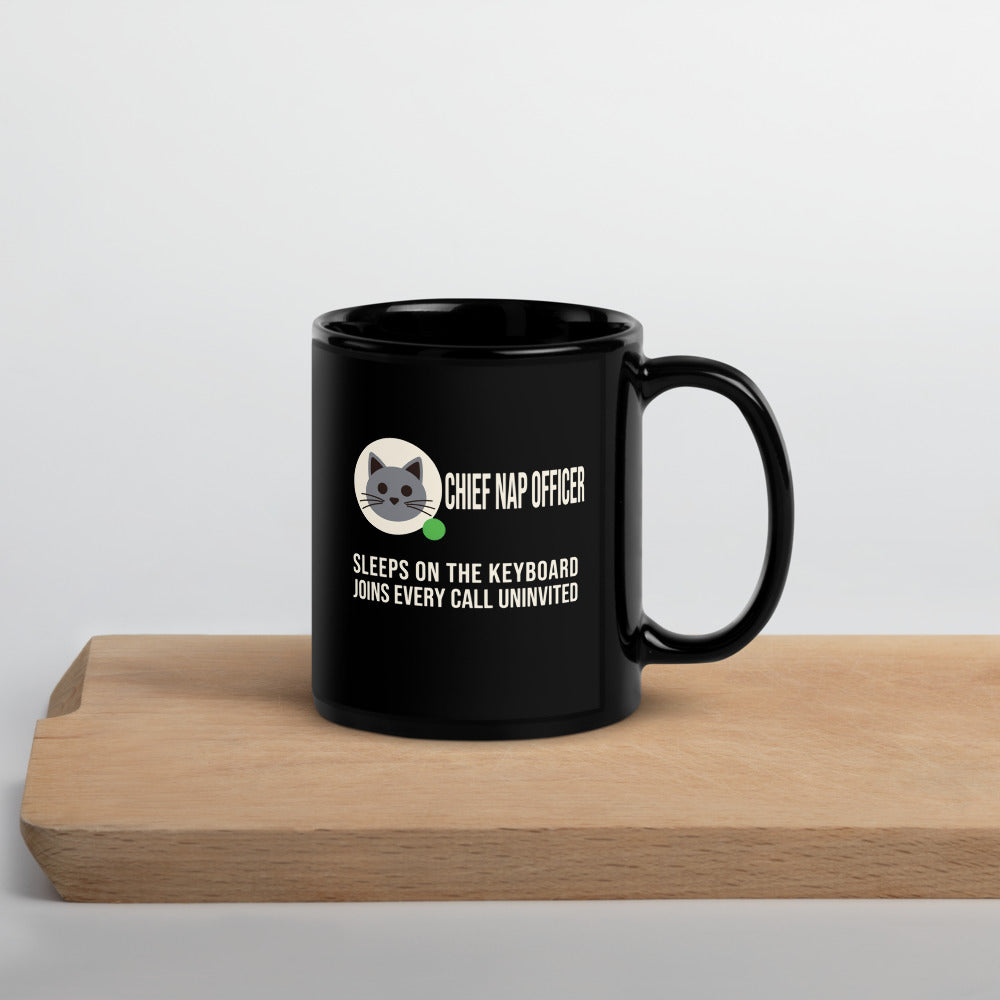 Chief Nap Officer cat profile card mug — 11 oz, front