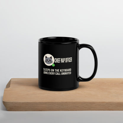 Chief Nap Officer cat profile card mug — 11 oz, front