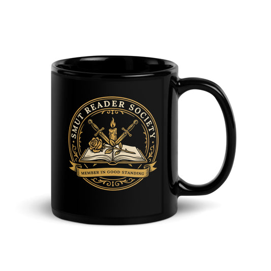 Smut Reader Society romantasy black ceramic mug — 11 oz, handle on the right