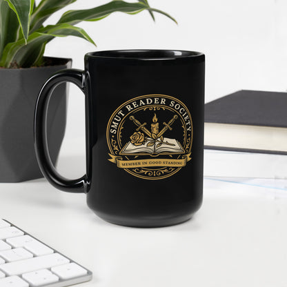 Smut Reader Society romantasy black ceramic mug — 15 oz, handle on the left