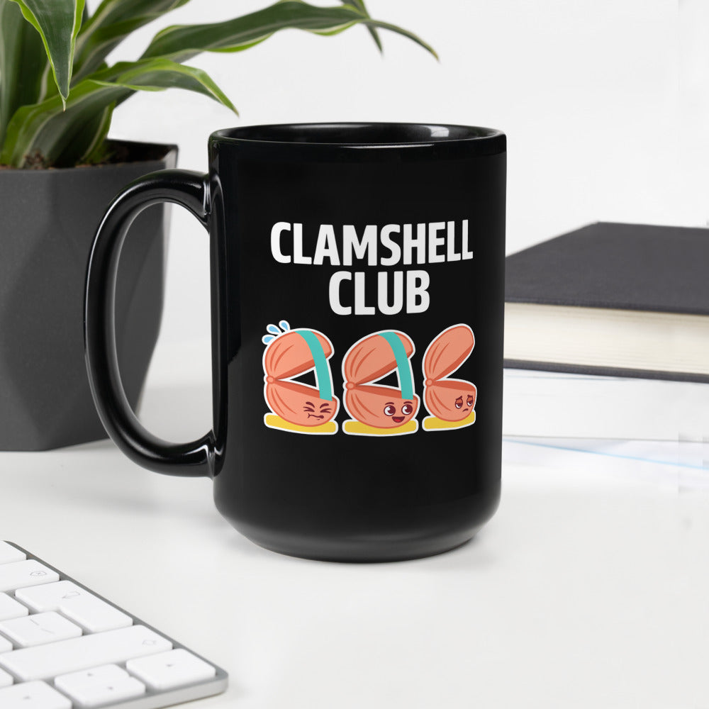 Clamshell Club funny physical therapy mug — 15 oz, handle on the left
