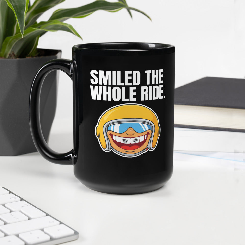 Smiled The Whole Ride funny motorcycle mug — 15 oz, handle on the left