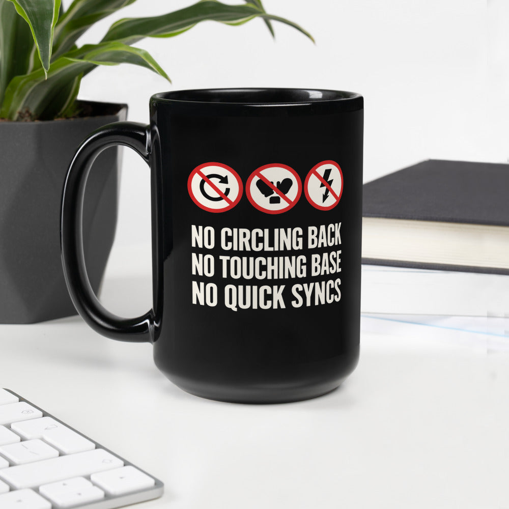 No Circling Back corporate jargon prohibition signs mug — 15 oz, handle on the left