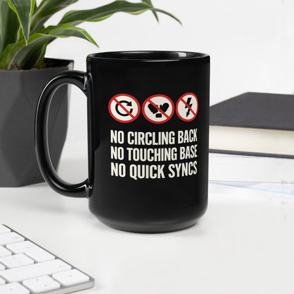 No Circling Back corporate jargon prohibition signs mug — 15 oz, handle on the left