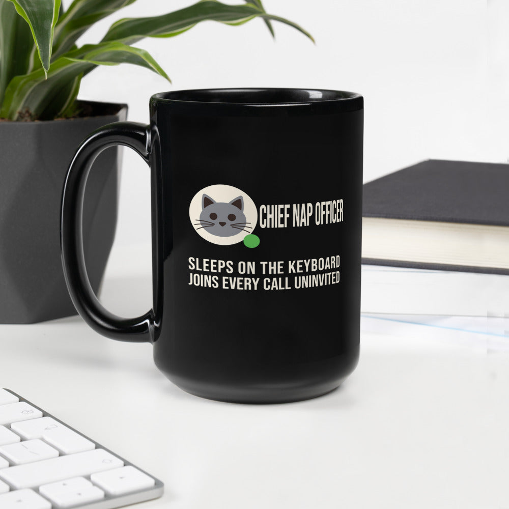 Chief Nap Officer cat profile card mug — 15 oz, handle on the left