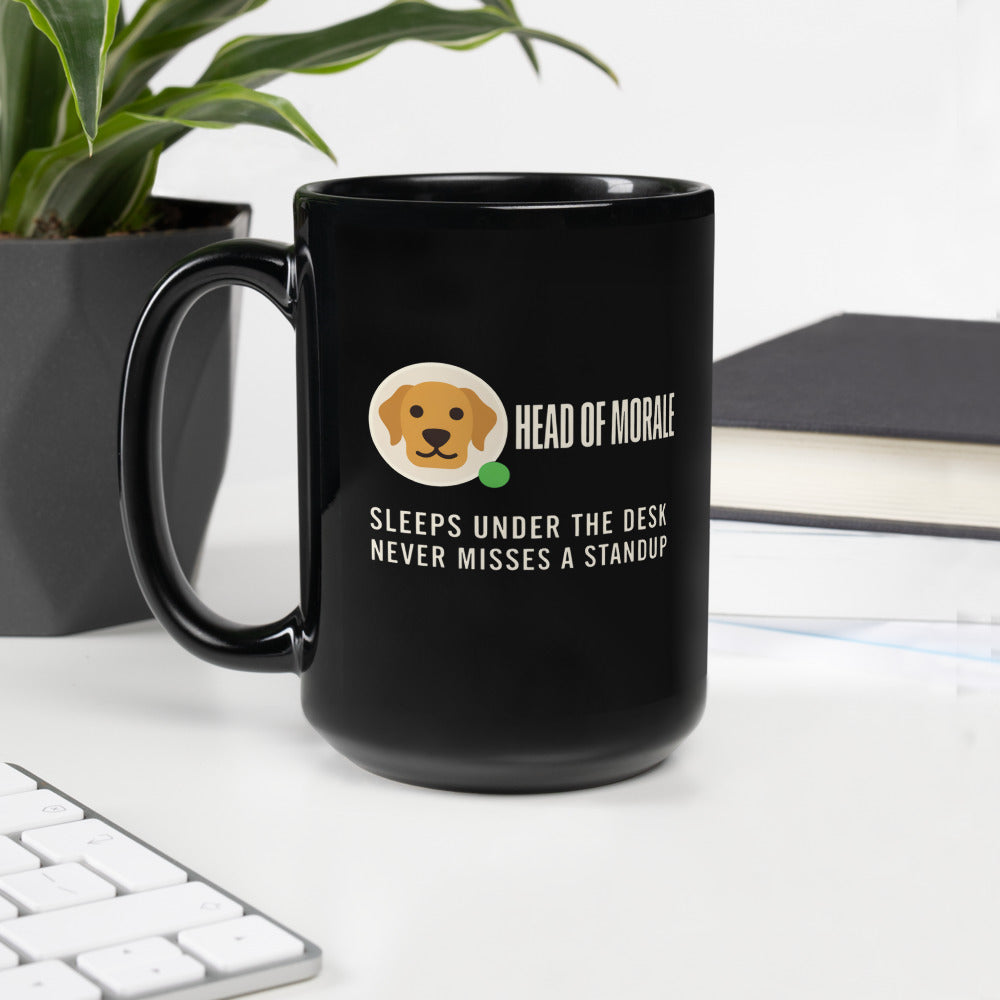 Head of Morale dog profile card mug — 15 oz, handle on the left