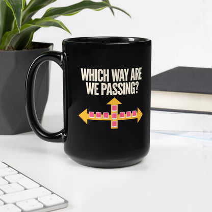 Which Way Are We Passing funny mahjong mug — 15 oz, handle on the left