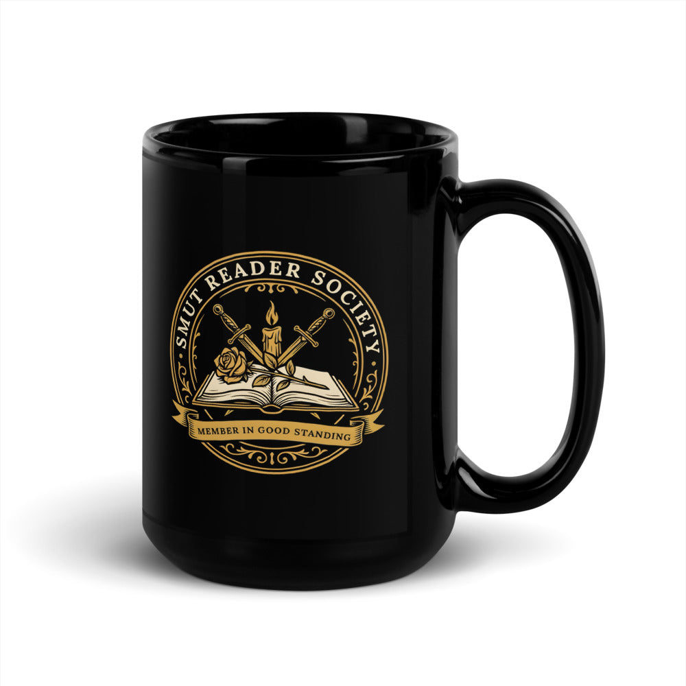 Smut Reader Society romantasy black ceramic mug — 15 oz, handle on the right