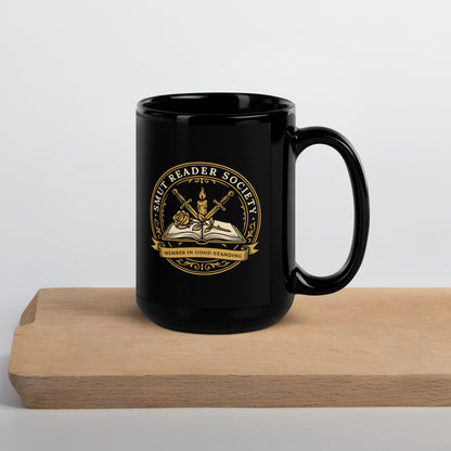 Smut Reader Society romantasy black ceramic mug — 15 oz, front
