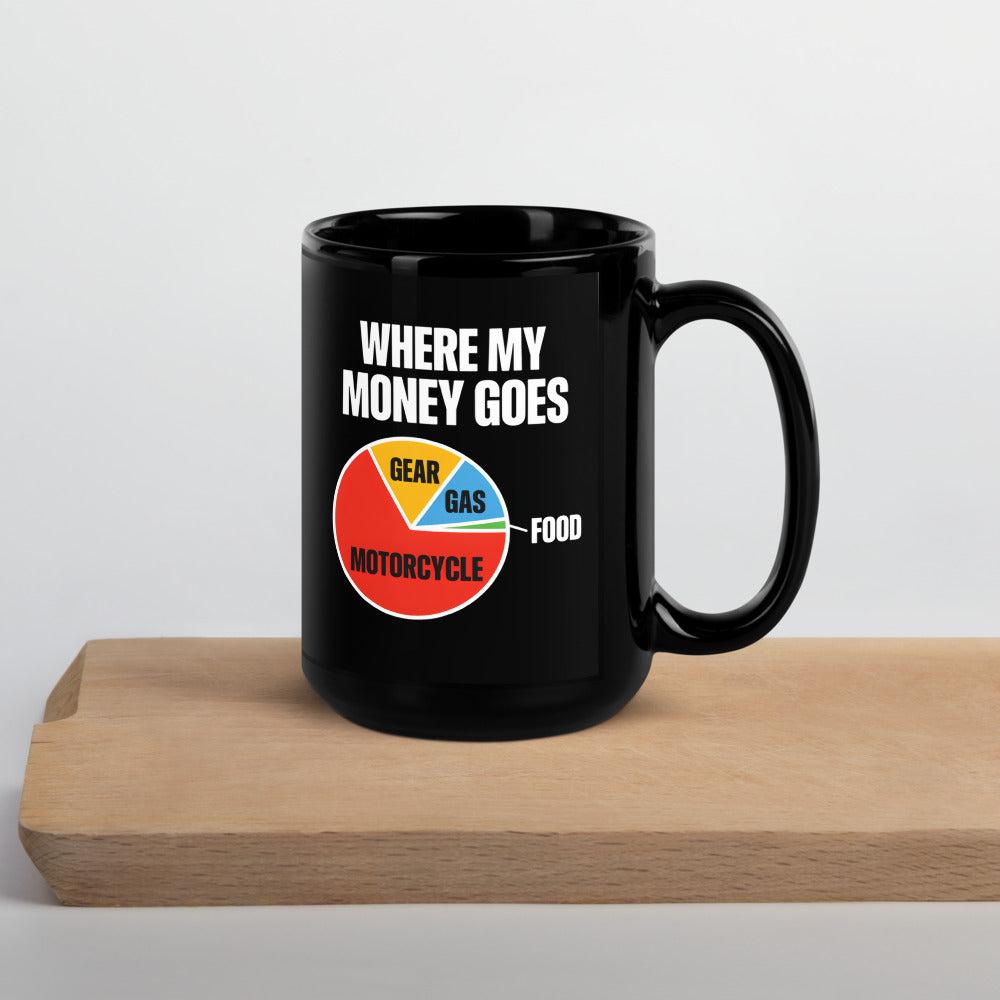 Where My Money Goes funny motorcycle mug — 15 oz, front