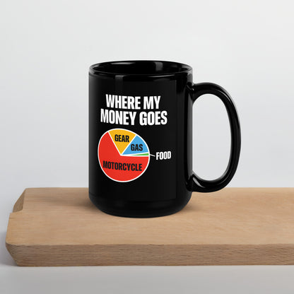 Where My Money Goes funny motorcycle mug — 15 oz, front