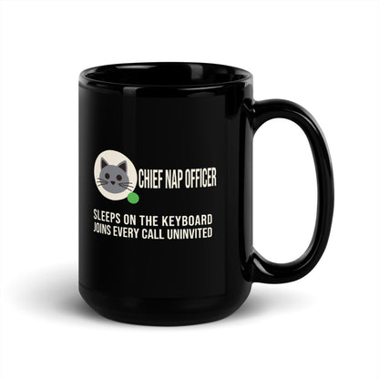 Chief Nap Officer cat profile card mug — 15 oz, handle on the right