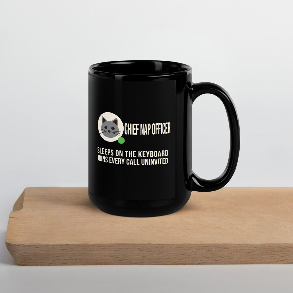 Chief Nap Officer cat profile card mug — 15 oz, front