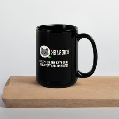 Chief Nap Officer cat profile card mug — 15 oz, front