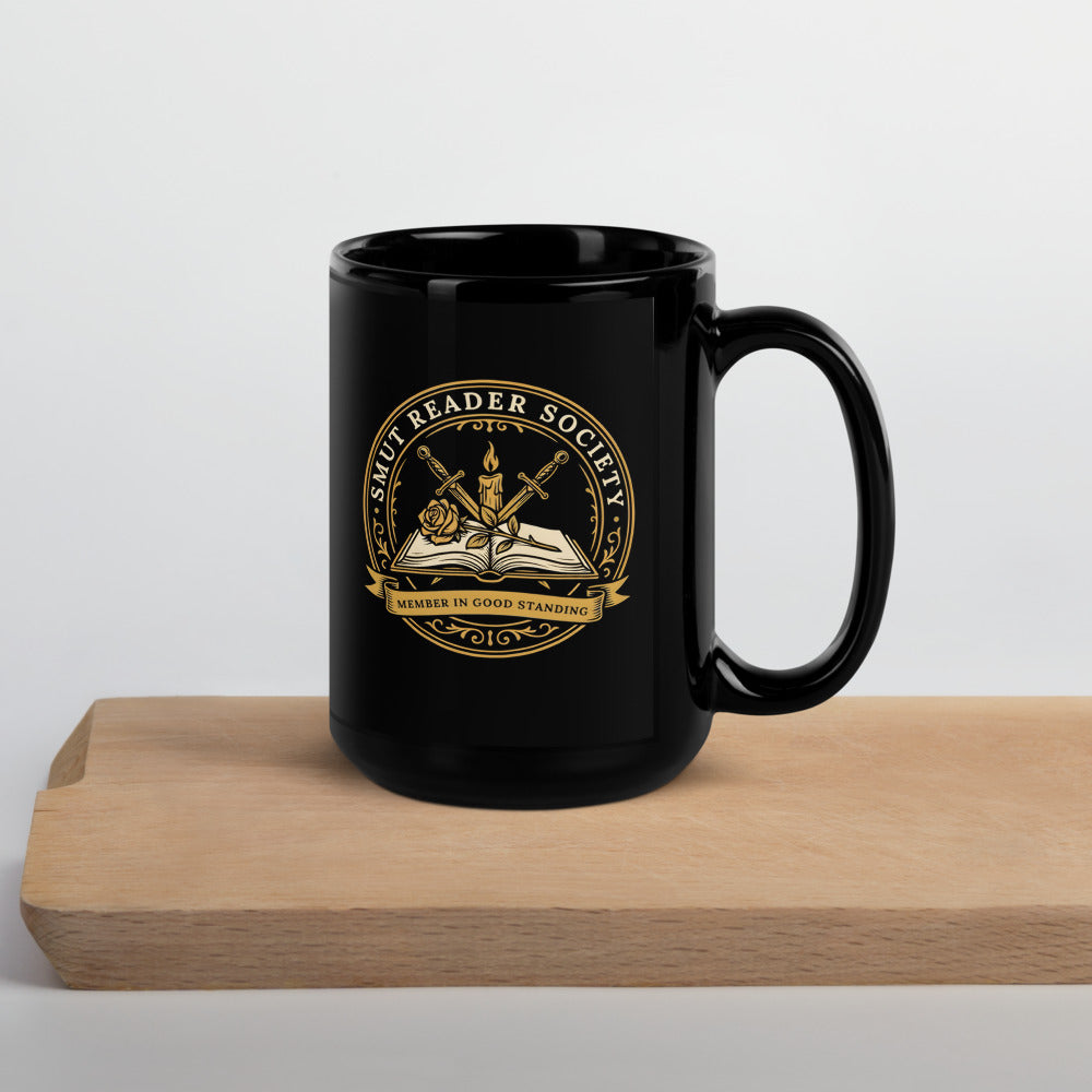 Smut Reader Society romantasy black ceramic mug — 15 oz, front