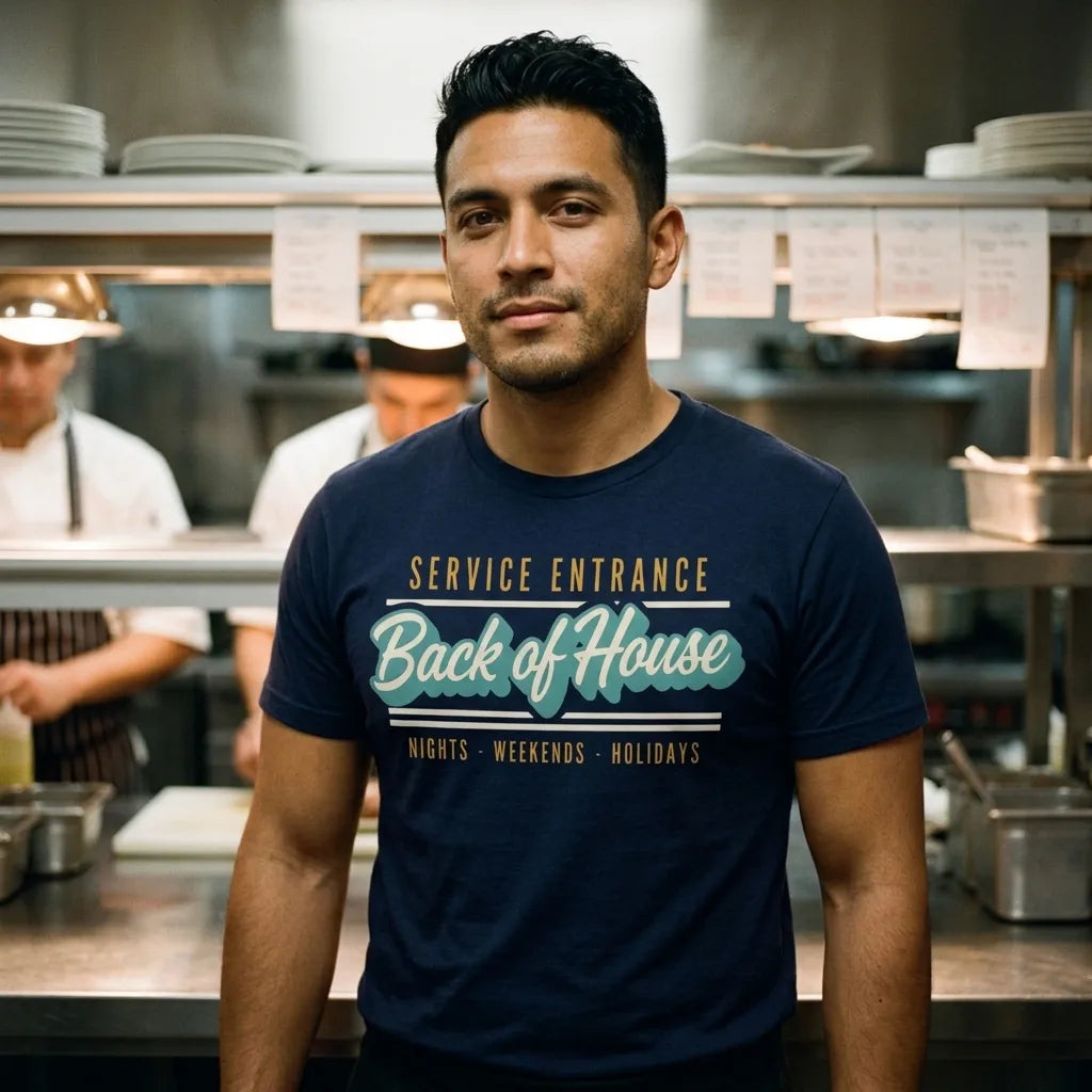 Line Cook Back of House retro diner service sign t-shirt — lifestyle