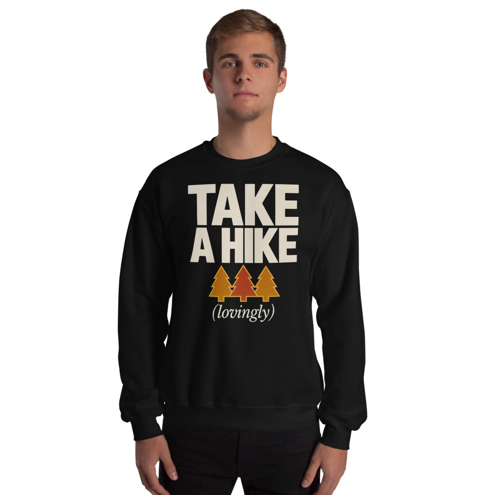 Take a Hike retro outdoors humor typography crewneck sweatshirt — Black, on model