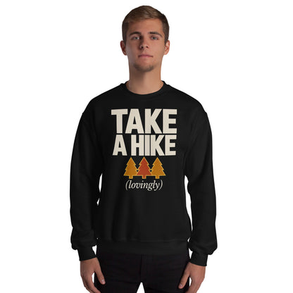 Take a Hike retro outdoors humor typography crewneck sweatshirt — Black, on model