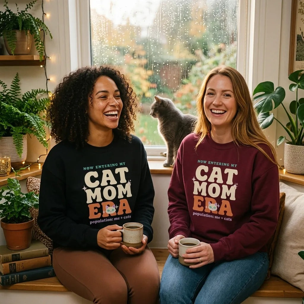 Two friends laughing in Cat Mom Era crewnecks (Black and Maroon) with a grey cat by a rainy window — funny cat mom sweatshirt