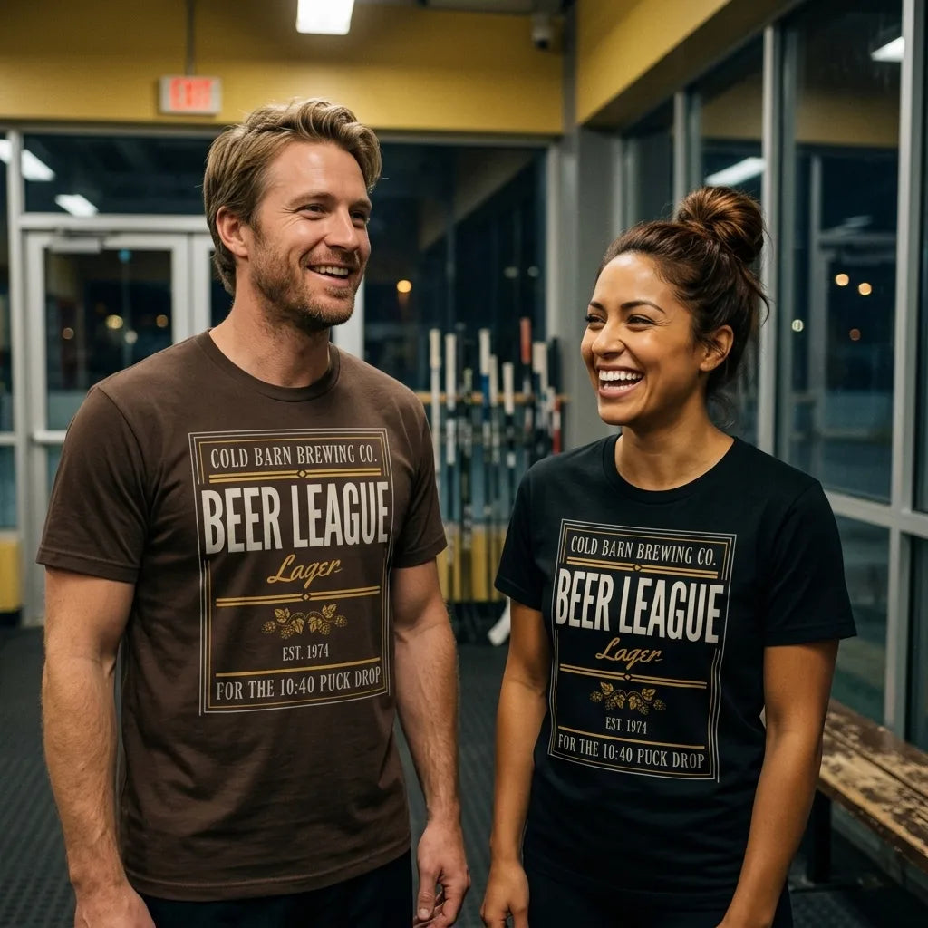 Beer League Cold Barn Brewing lager t-shirt — lifestyle