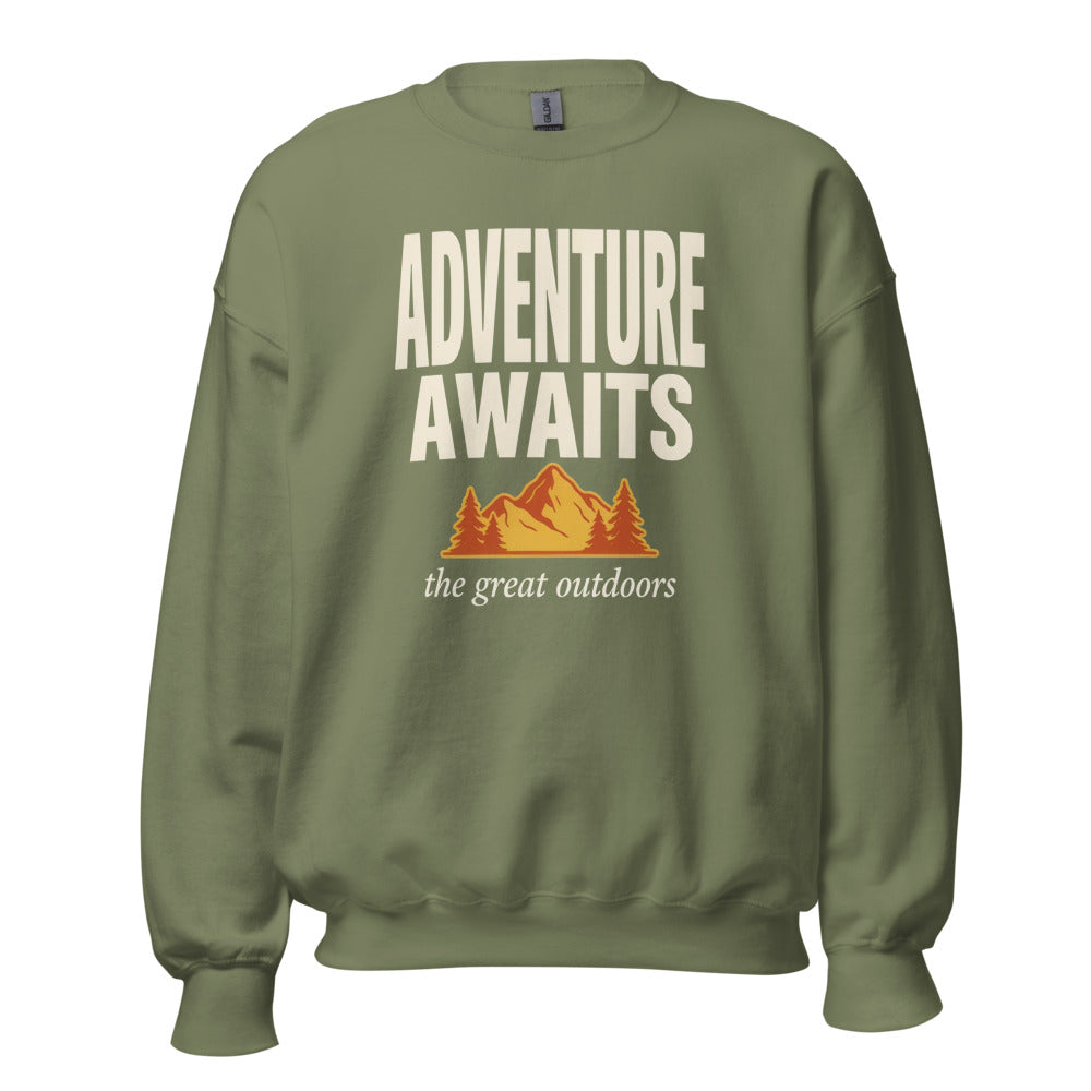 Adventure Awaits retro outdoors typography crewneck sweatshirt — Military Green, front
