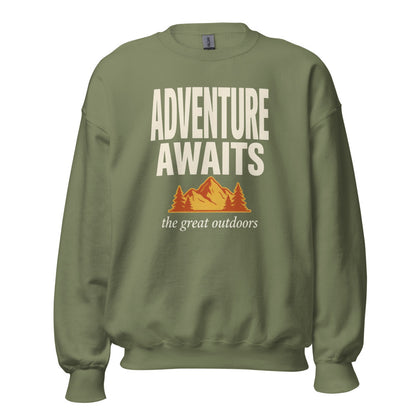 Adventure Awaits retro outdoors typography crewneck sweatshirt — Military Green, front