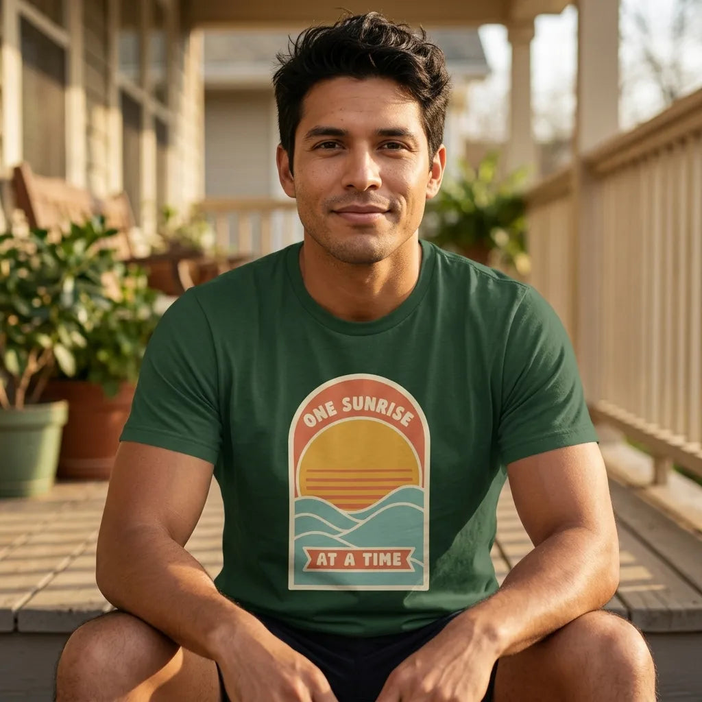 One Sunrise at a Time retro sunrise tee — lifestyle