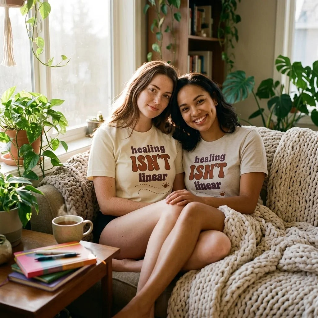 Healing Isn't Linear soft retro mental health tee — two friends in Natural and Heather Dust