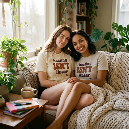 Healing Isn't Linear soft retro mental health tee — two friends in Natural and Heather Dust