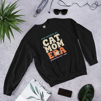 Cat Mom Era retro Y2K crewneck sweatshirt — Black, front angled