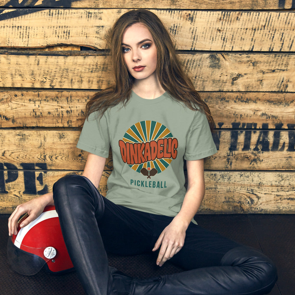 Dinkadelic retro 70s pickleball tee — Sage, on model