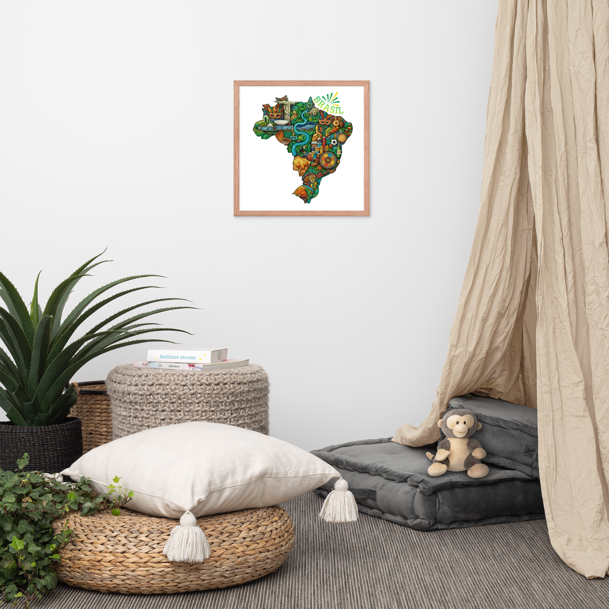 Room interior with a framed map of Brazil, plants, and a pouf with a pillow.