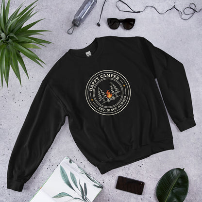 Happy Camper retro camp badge crewneck sweatshirt — Black, front view