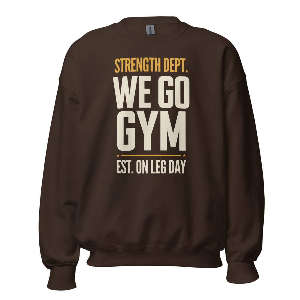 We Go Gym vintage athletic crewneck — Dark Chocolate, front