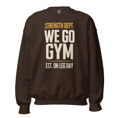 We Go Gym vintage athletic crewneck — Dark Chocolate, front