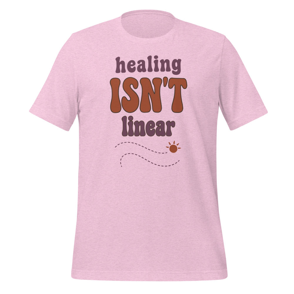 Healing Isn't Linear soft retro mental health tee — Heather Prism Lilac, front