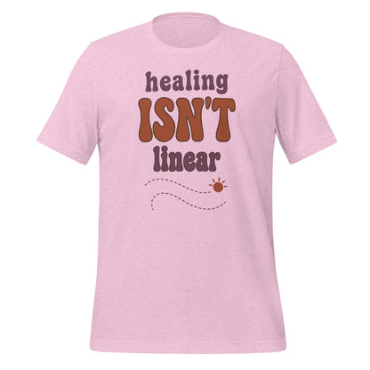 Healing Isn't Linear soft retro mental health tee — Heather Prism Lilac, front