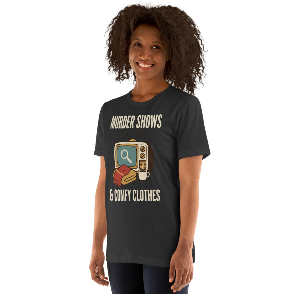 Murder Shows and Comfy Clothes cozy true crime tee — Dark Grey, on model