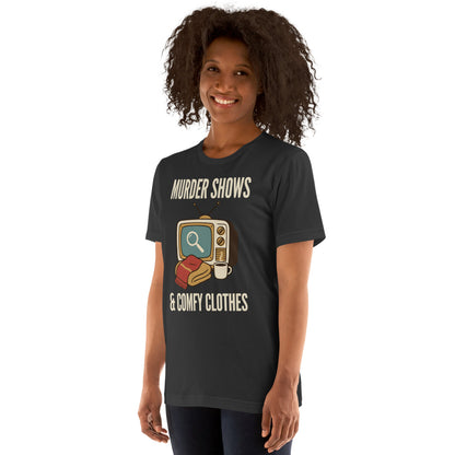 Murder Shows and Comfy Clothes cozy true crime tee — Dark Grey, on model