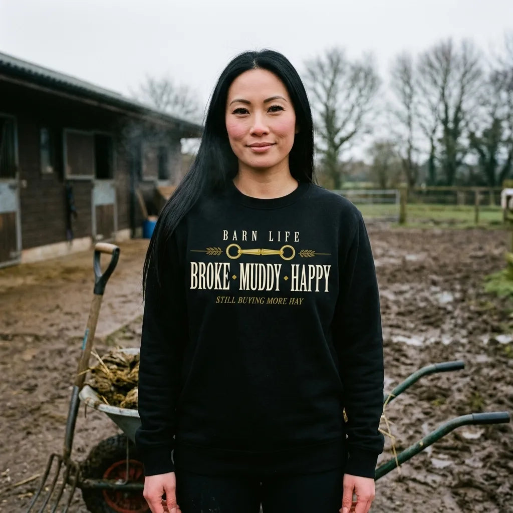 Broke Muddy Happy funny barn life equestrian crewneck sweatshirt — lifestyle