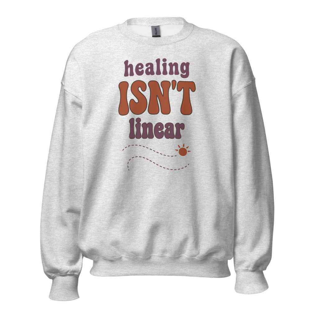 Healing Isn't Linear soft retro mental health crewneck sweatshirt — Ash, front