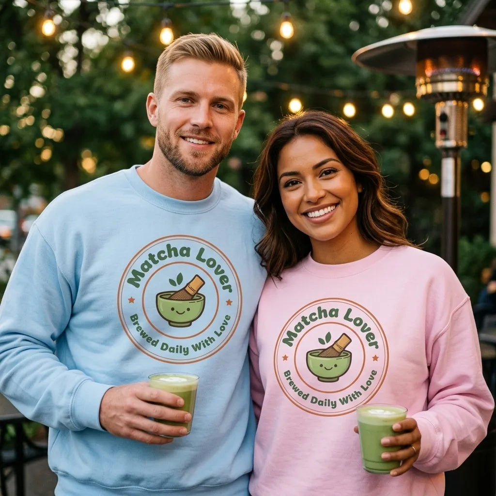 Matcha Lover retro café badge crewneck sweatshirt — lifestyle