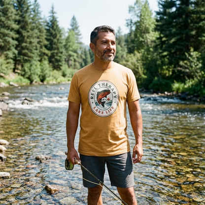 Reel Therapy retro national-park trout badge fishing tee — lifestyle