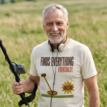 Finds Everything Eventually retro metal detecting tee — lifestyle