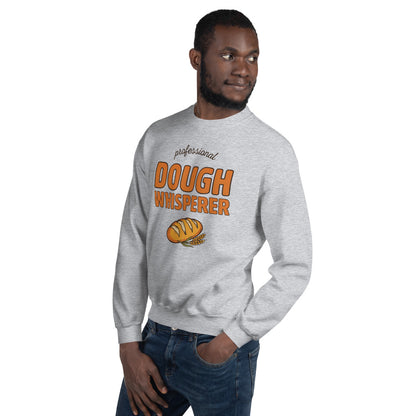 Professional Dough Whisperer funny baker crewneck sweatshirt — Sport Grey, on model
