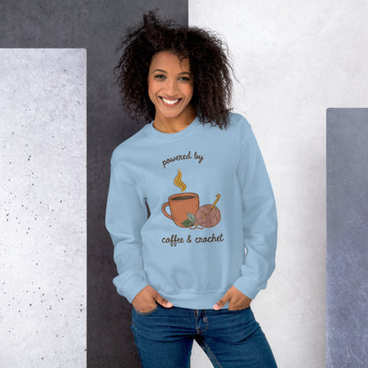 Powered by Coffee and Crochet cottagecore crochet crewneck sweatshirt — Light Blue, on model