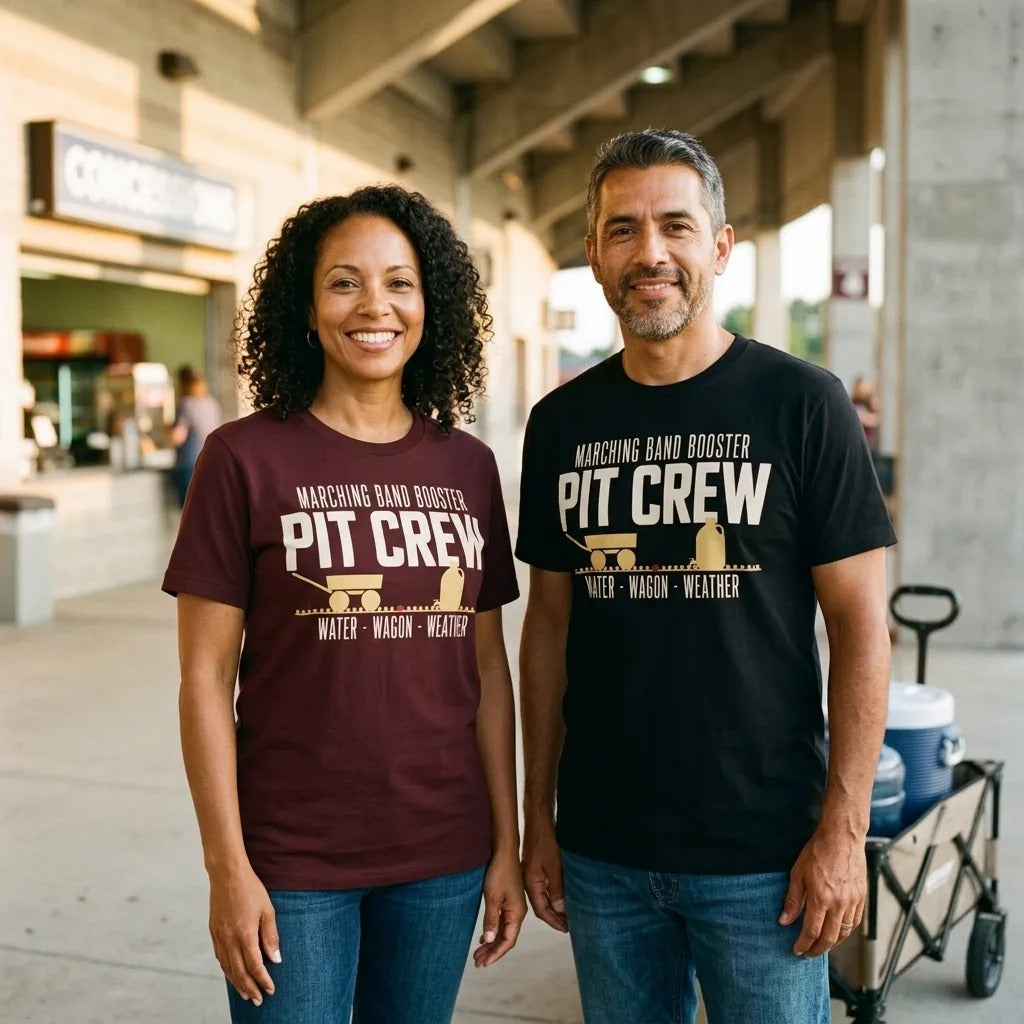 Pit Crew marching band booster t-shirt — lifestyle