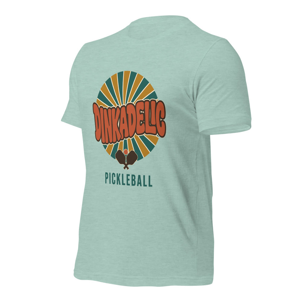 Dinkadelic retro 70s pickleball tee — Heather Prism Dusty Blue, front-right angle